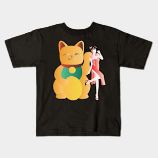 Fortune Cat & Beauty in Red Cheongsam Kids T-Shirt